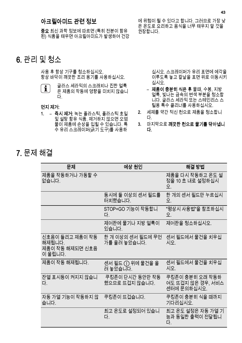 관리 및 청소, 문제 해결, 아크릴아미드 관련 정보 | Electrolux EHG6341FOK User Manual | Page 43 / 84