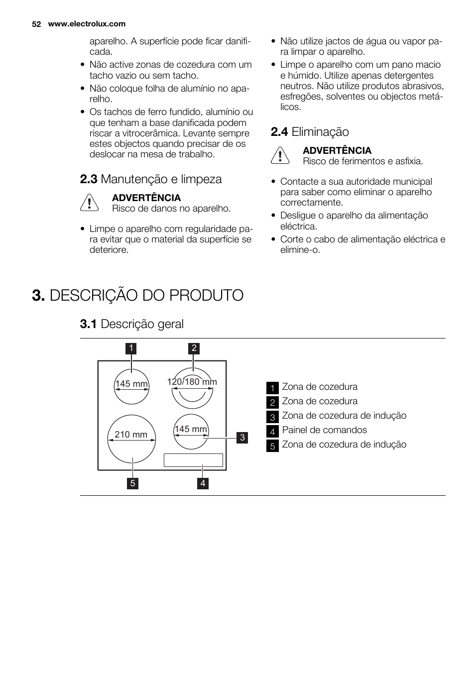 Descrição do produto, 3 manutenção e limpeza, 4 eliminação | 1 descrição geral | Electrolux EHG6341FOK User Manual | Page 52 / 84