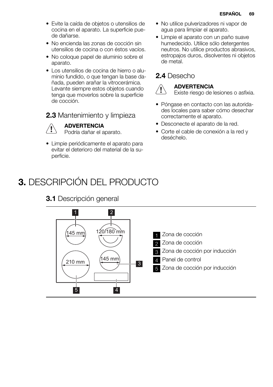 Descripción del producto, 3 mantenimiento y limpieza, 4 desecho | 1 descripción general | Electrolux EHG6341FOK User Manual | Page 69 / 84