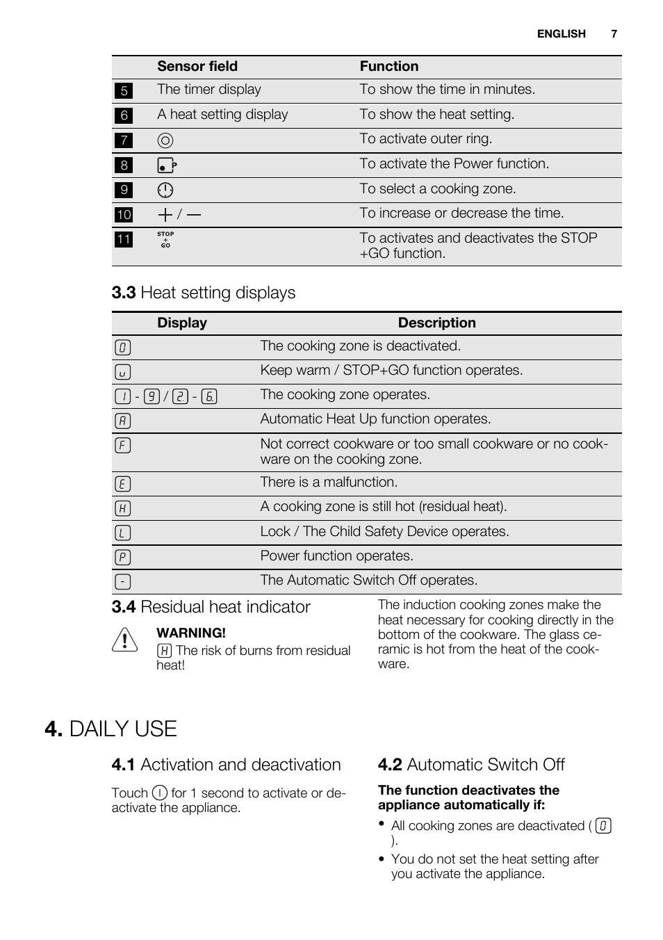 Daily use, 3 heat setting displays, 4 residual heat indicator | 1 activation and deactivation, 2 automatic switch off | Electrolux EHG6341FOK User Manual | Page 7 / 84