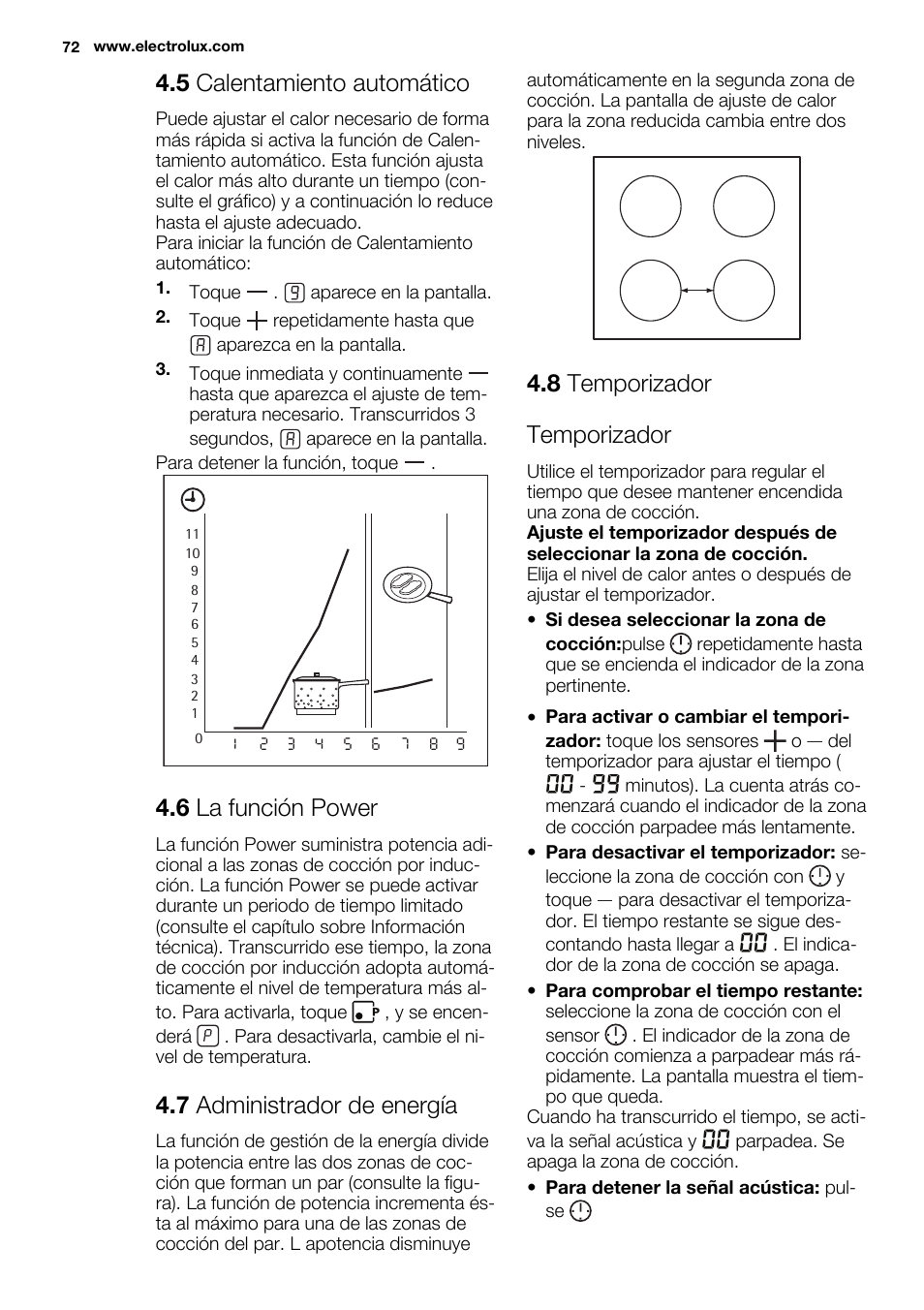 5 calentamiento automático, 6 la función power, 7 administrador de energía | 8 temporizador temporizador | Electrolux EHG6341FOK User Manual | Page 72 / 84