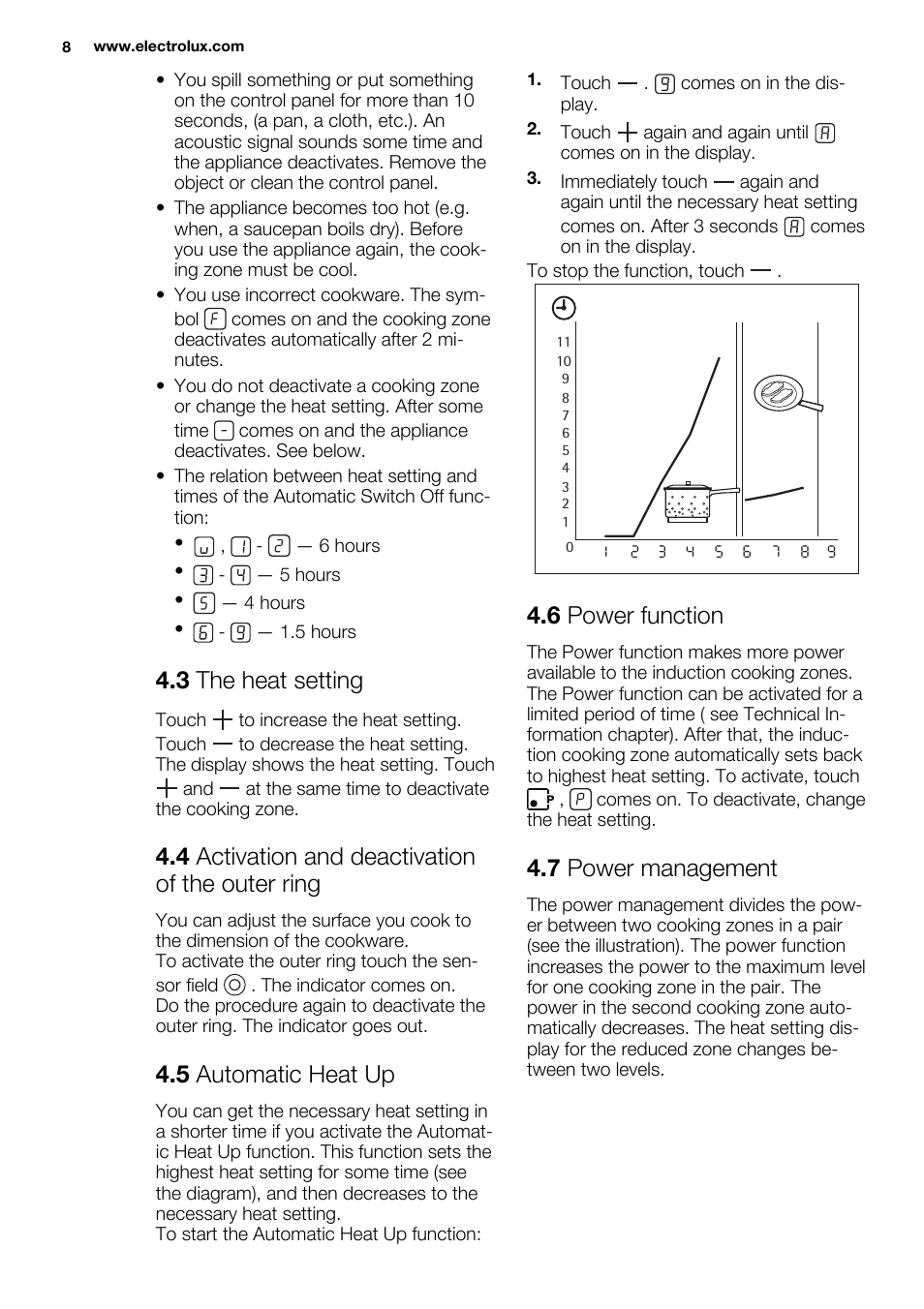3 the heat setting, 4 activation and deactivation of the outer ring, 5 automatic heat up | 6 power function, 7 power management | Electrolux EHG6341FOK User Manual | Page 8 / 84