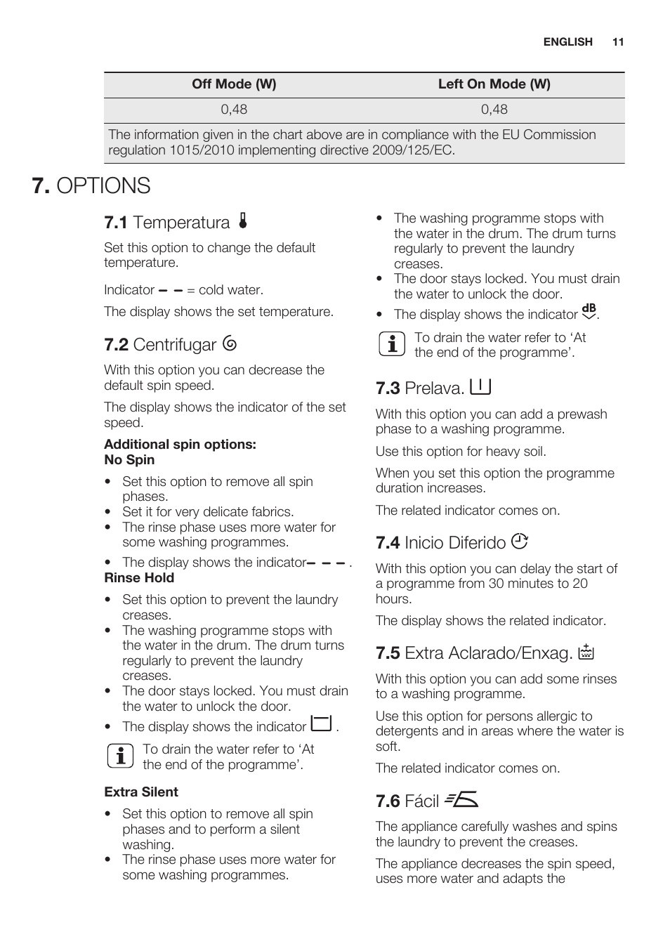 Options, 1 temperatura, 2 centrifugar | 3 prelava, 4 inicio diferido, 5 extra aclarado/enxag, 6 fácil | Electrolux EWF1286GDW User Manual | Page 11 / 52