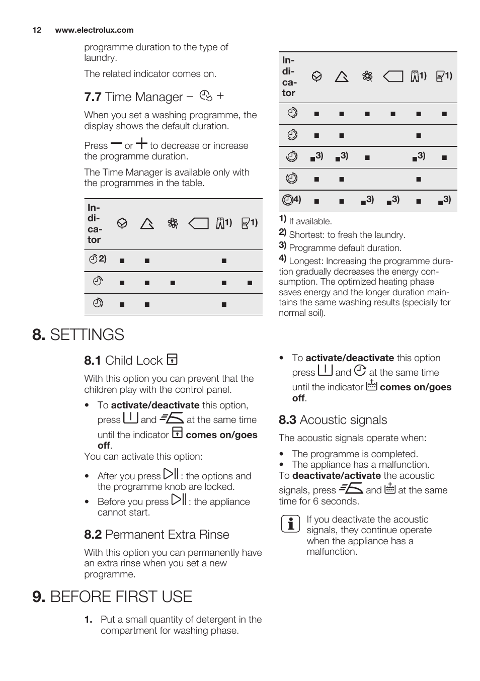 7 time manager, Settings, 1 child lock | 2 permanent extra rinse, 3 acoustic signals, Before first use, Settings 9. before first use | Electrolux EWF1286GDW User Manual | Page 12 / 52