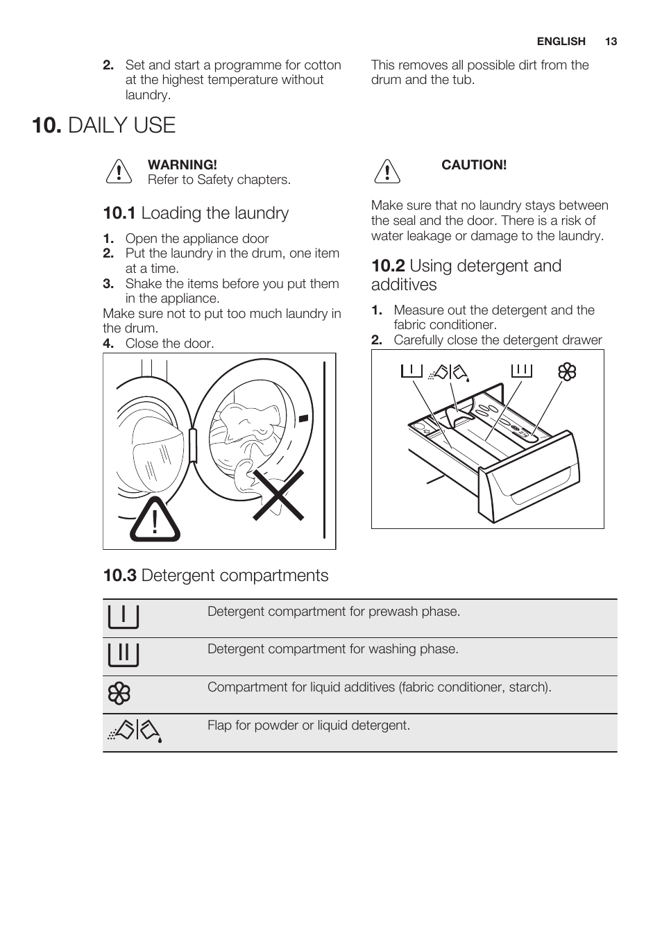 Daily use, 1 loading the laundry, 2 using detergent and additives | 3 detergent compartments | Electrolux EWF1286GDW User Manual | Page 13 / 52