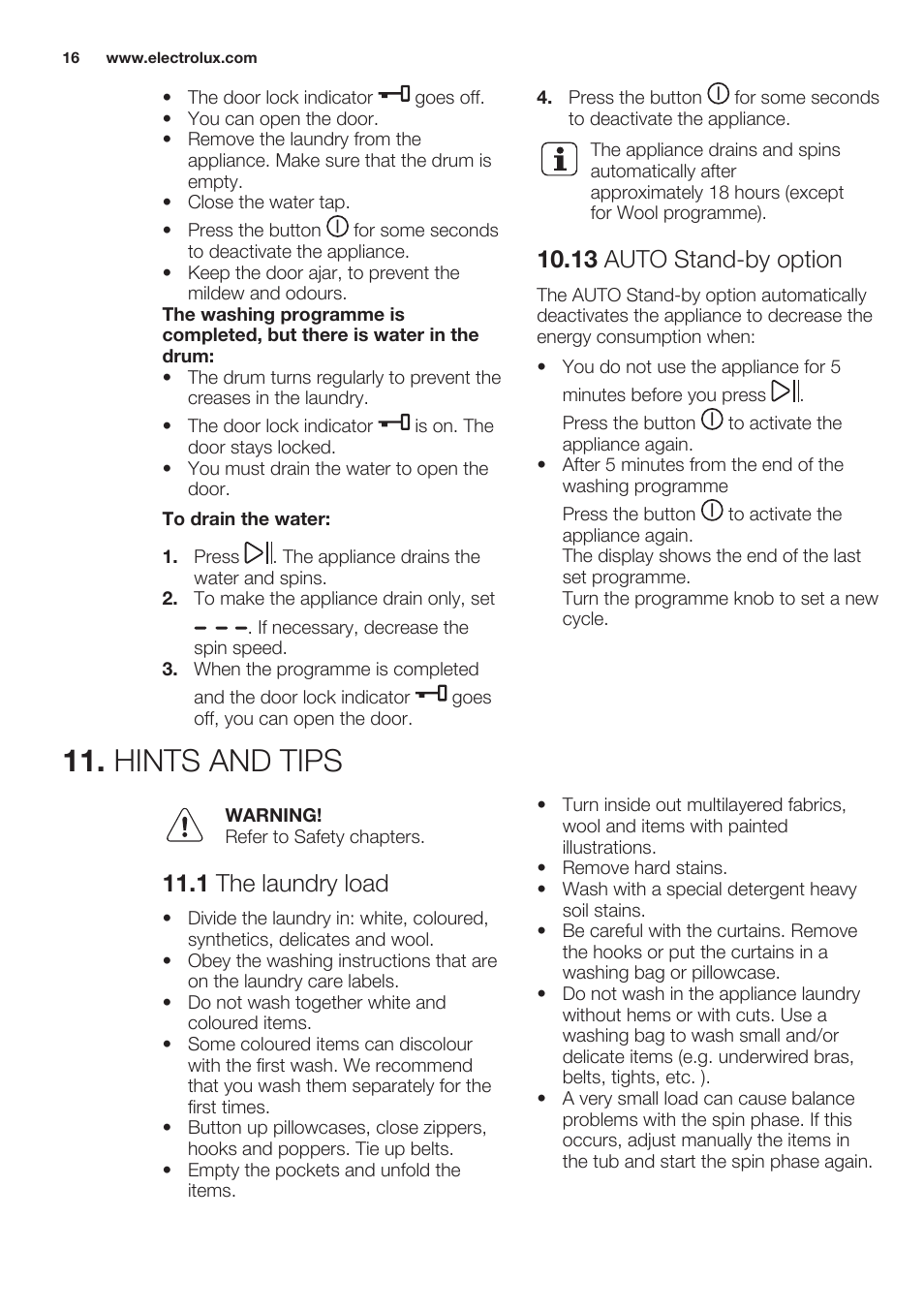 13 auto stand-by option, Hints and tips, 1 the laundry load | Electrolux EWF1286GDW User Manual | Page 16 / 52