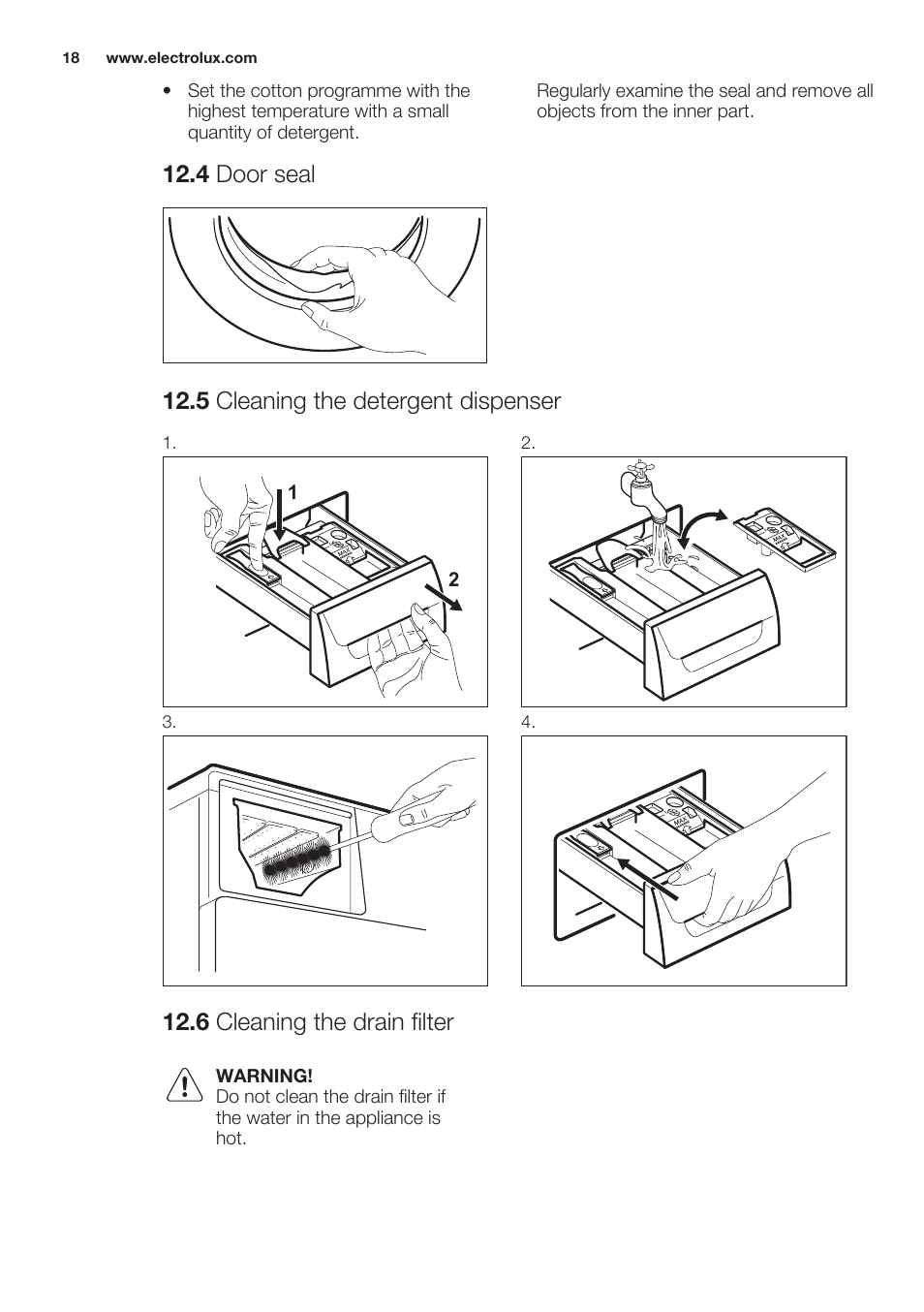 4 door seal, 5 cleaning the detergent dispenser, 6 cleaning the drain filter | Electrolux EWF1286GDW User Manual | Page 18 / 52