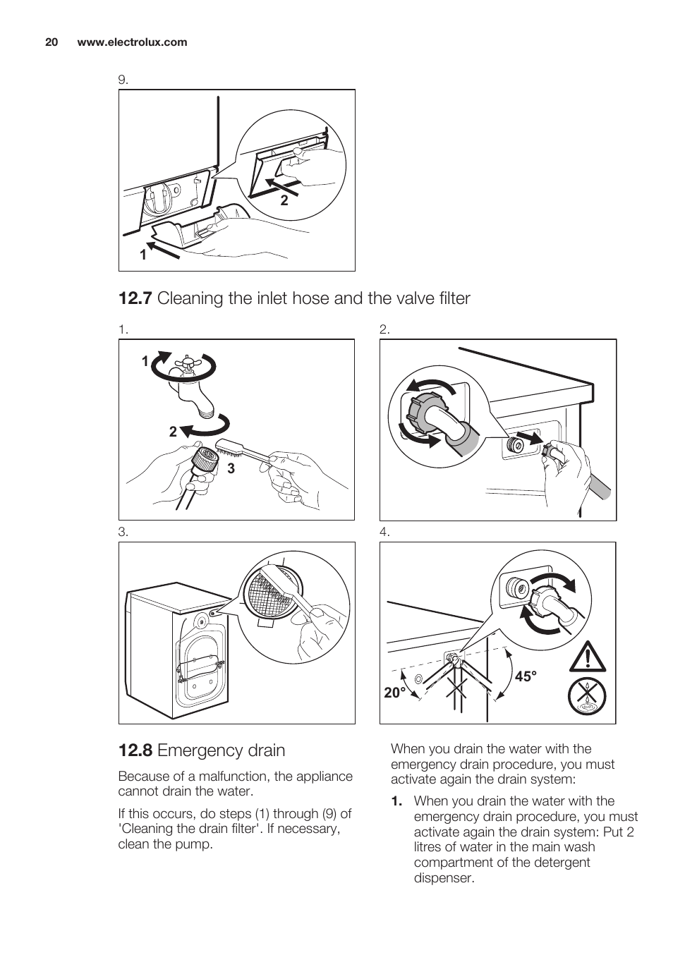 7 cleaning the inlet hose and the valve filter, 8 emergency drain | Electrolux EWF1286GDW User Manual | Page 20 / 52