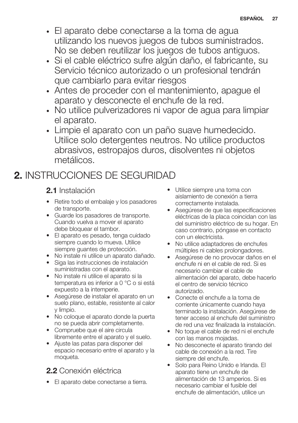 Instrucciones de seguridad, 1 instalación, 2 conexión eléctrica | Electrolux EWF1286GDW User Manual | Page 27 / 52