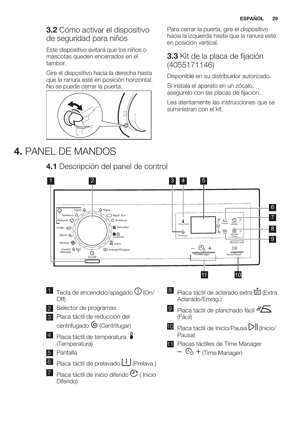 3 kit de la placa de fijación (4055171146), Panel de mandos, 1 descripción del panel de control | Electrolux EWF1286GDW User Manual | Page 29 / 52