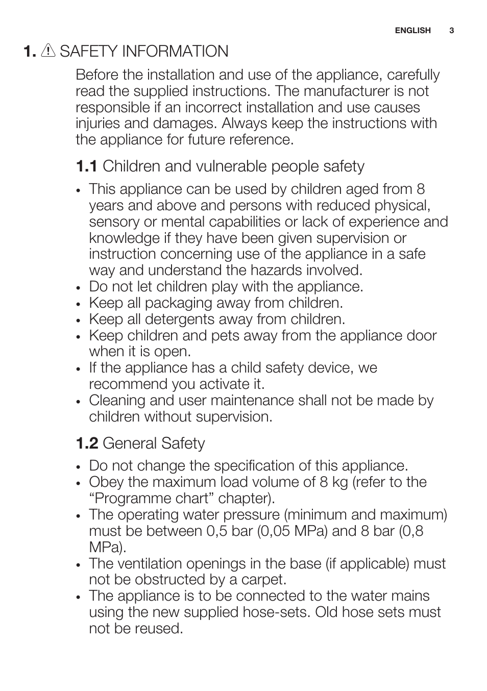 Safety information, 1 children and vulnerable people safety, 2 general safety | Electrolux EWF1286GDW User Manual | Page 3 / 52