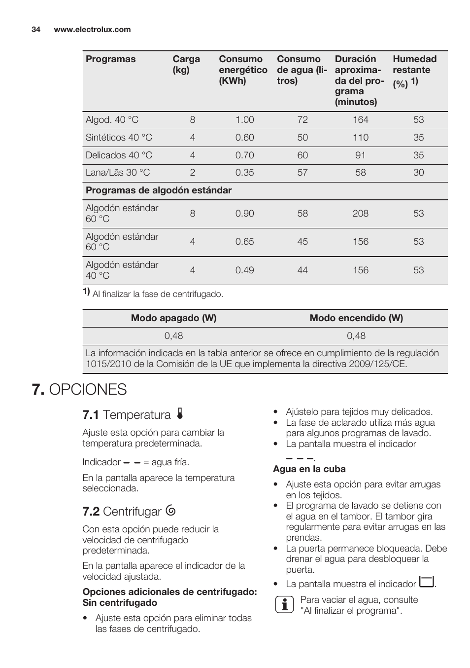Opciones, 1 temperatura, 2 centrifugar | Electrolux EWF1286GDW User Manual | Page 34 / 52
