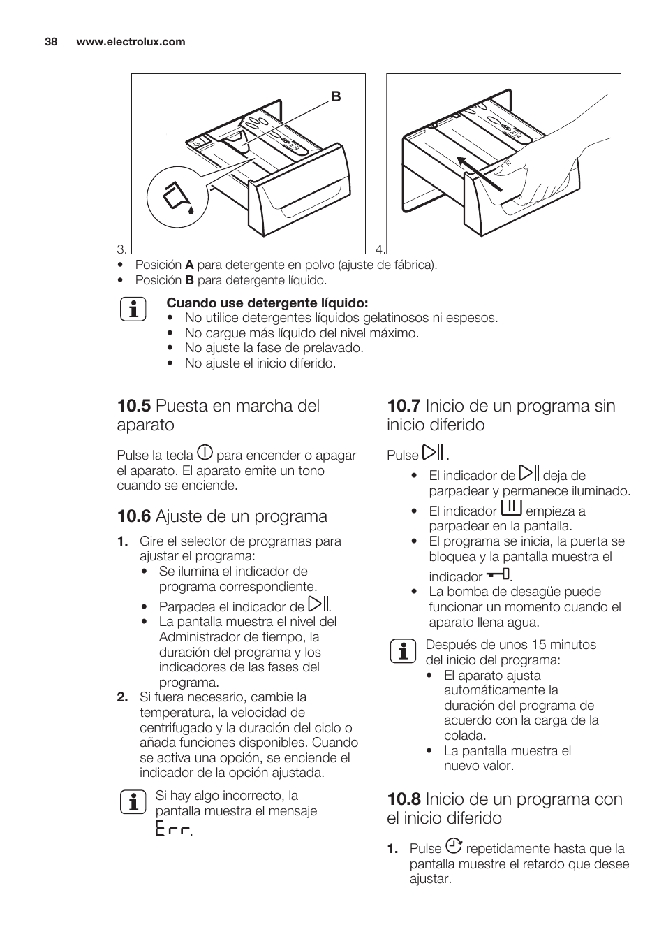 5 puesta en marcha del aparato, 6 ajuste de un programa, 7 inicio de un programa sin inicio diferido | 8 inicio de un programa con el inicio diferido | Electrolux EWF1286GDW User Manual | Page 38 / 52