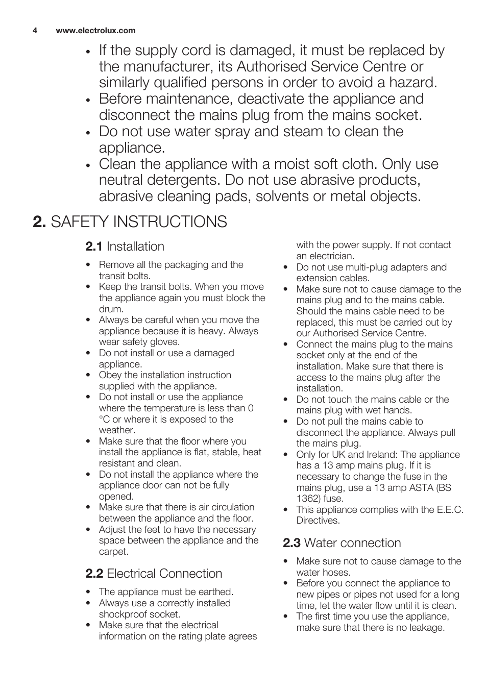 Safety instructions, 1 installation, 2 electrical connection | 3 water connection | Electrolux EWF1286GDW User Manual | Page 4 / 52