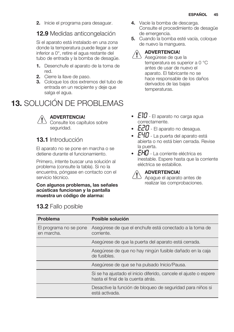 9 medidas anticongelación, Solución de problemas, 1 introducción | 2 fallo posible | Electrolux EWF1286GDW User Manual | Page 45 / 52