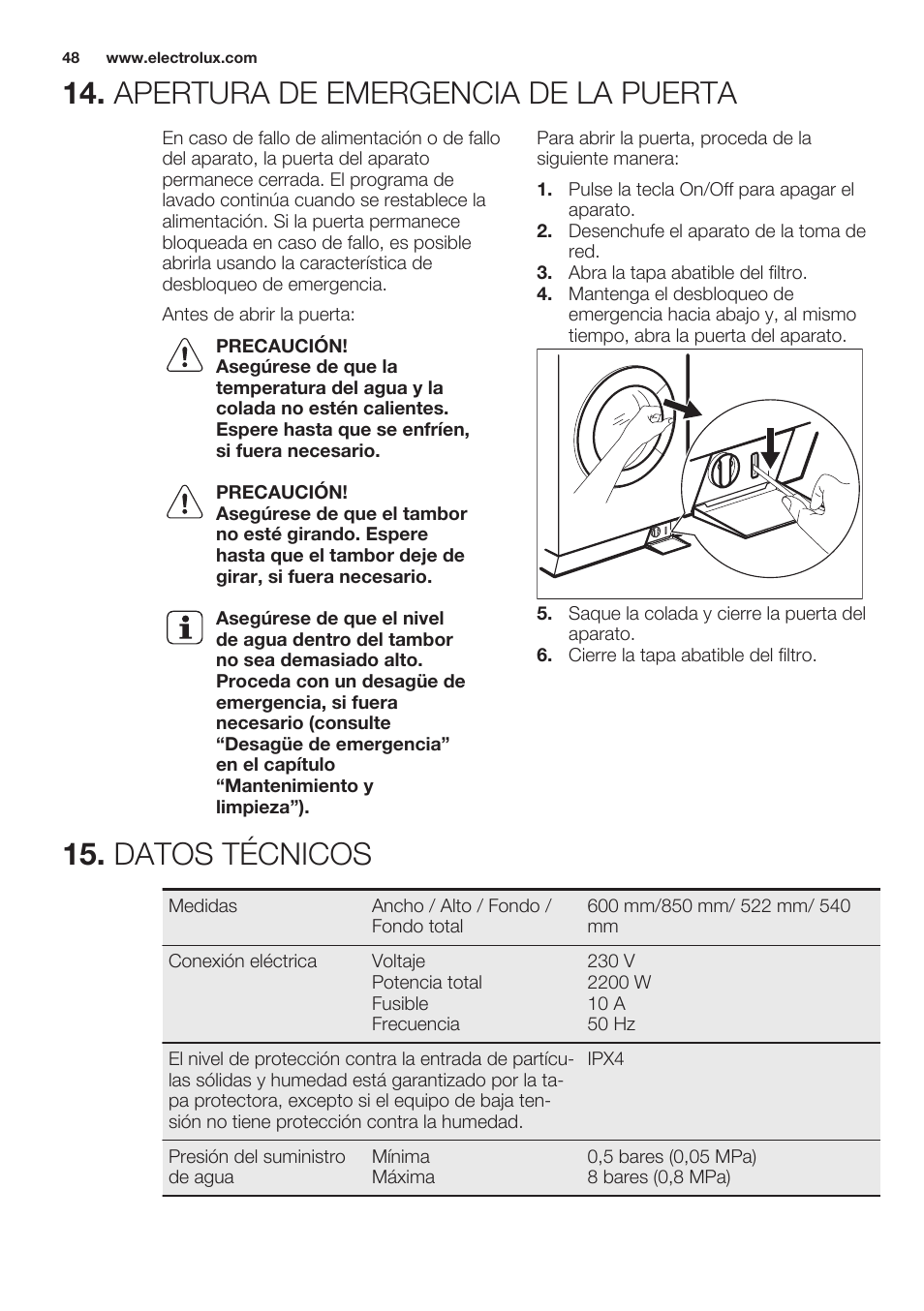 Apertura de emergencia de la puerta, Datos técnicos | Electrolux EWF1286GDW User Manual | Page 48 / 52