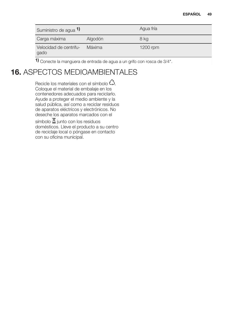 Aspectos medioambientales | Electrolux EWF1286GDW User Manual | Page 49 / 52