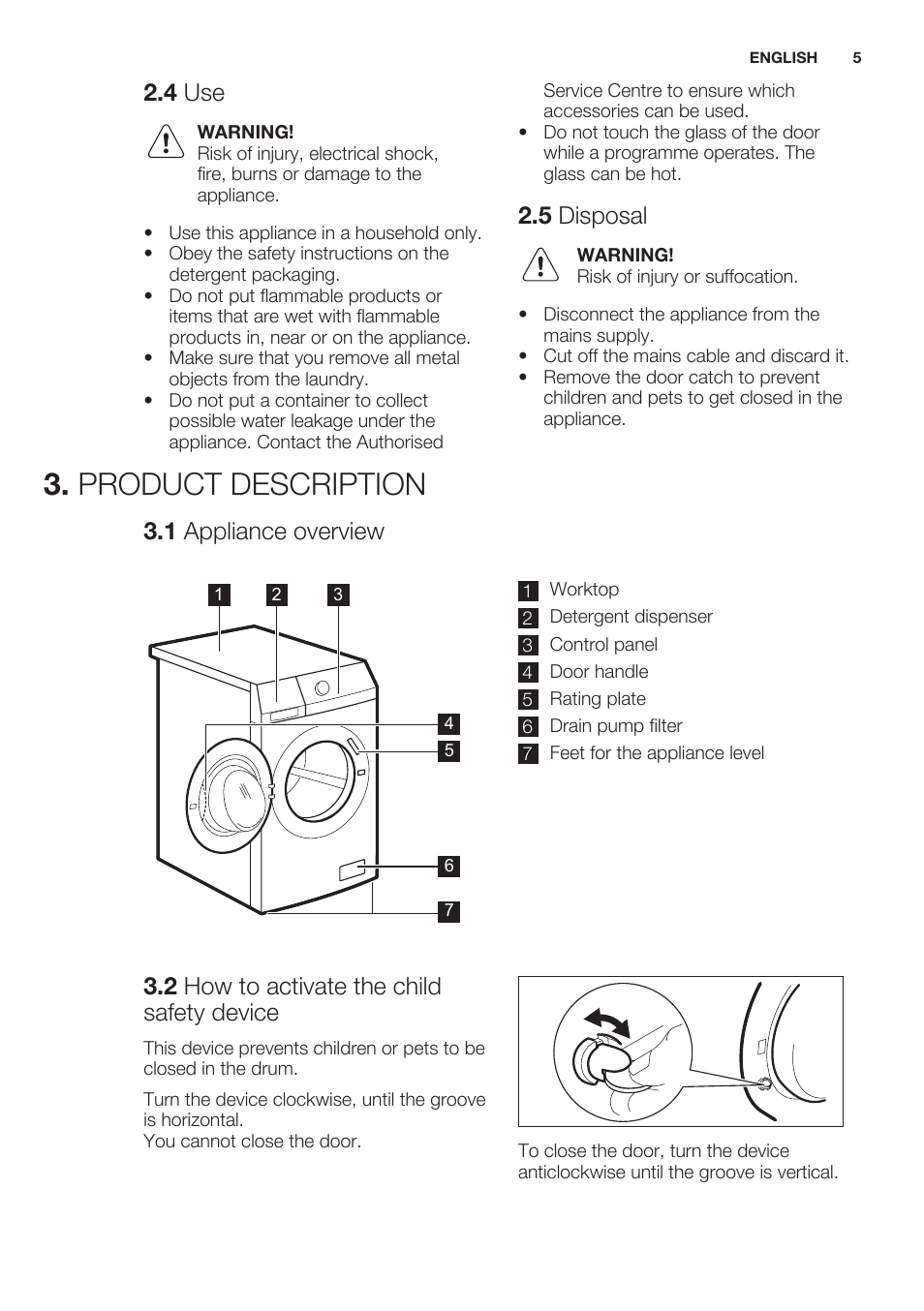 4 use, 5 disposal, Product description | 1 appliance overview, 2 how to activate the child safety device | Electrolux EWF1286GDW User Manual | Page 5 / 52