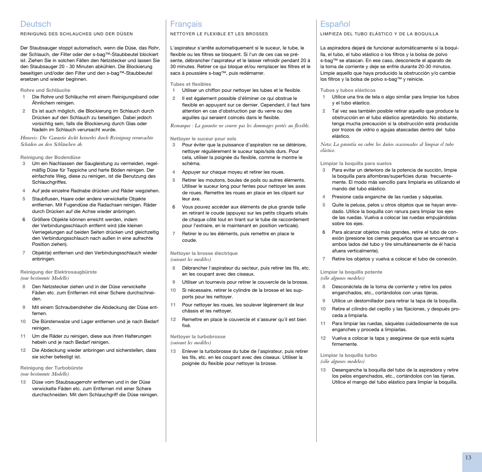 Deutsch, Français, Español | Electrolux ZCS2100 User Manual | Page 11 / 13