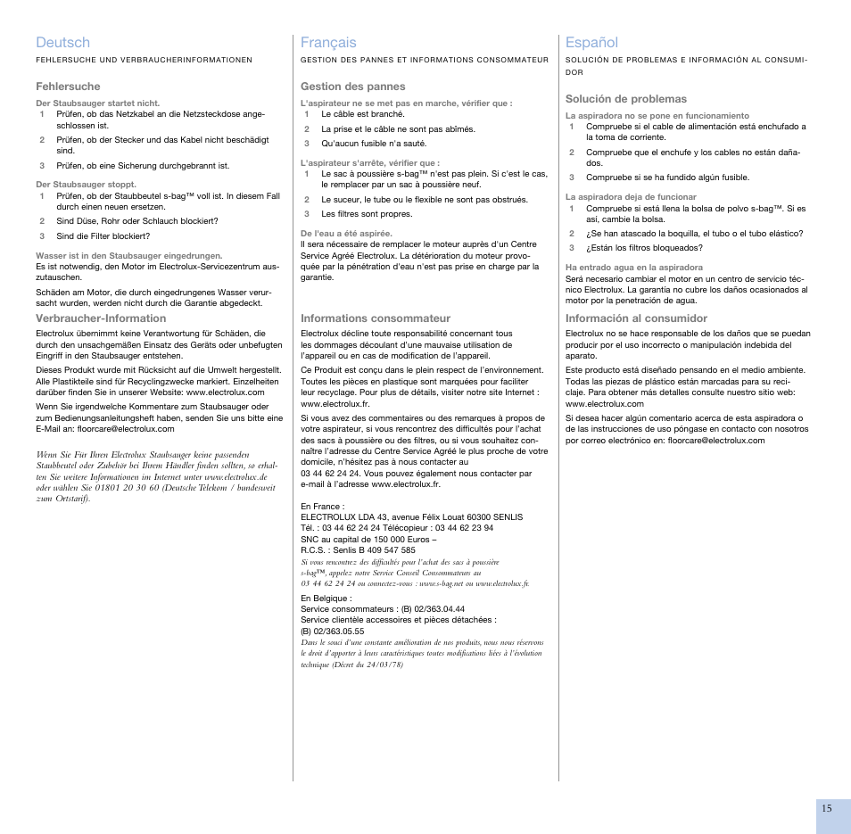 Deutsch, Français, Español | Electrolux ZCS2100 User Manual | Page 13 / 13