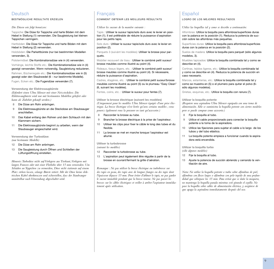 Deutsch, Français, Español | Electrolux ZCS2100 User Manual | Page 7 / 13