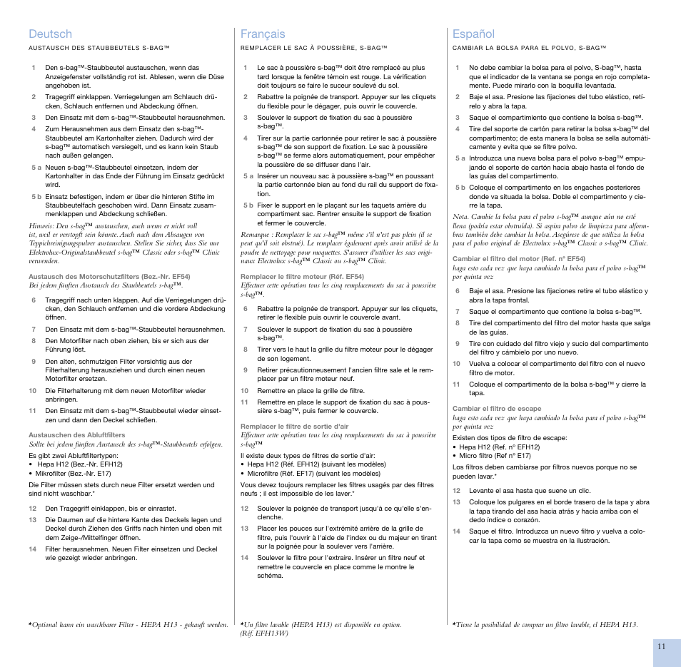 Deutsch, Français, Español | Electrolux ZCS2100 User Manual | Page 9 / 13