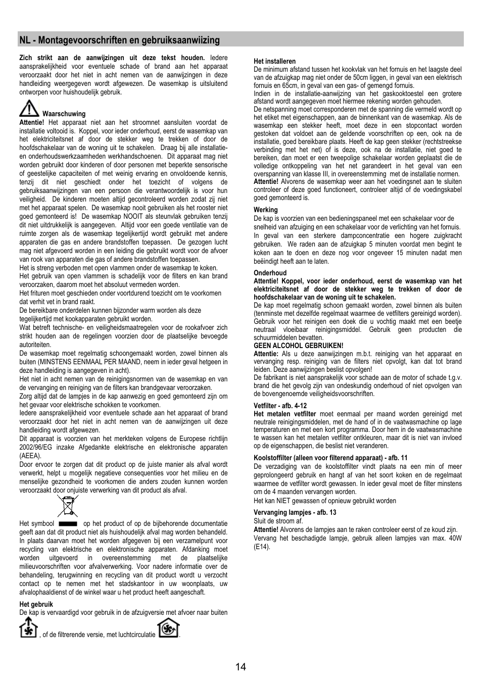 Nl - montagevoorschriften en gebruiksaanwiizing | Electrolux EFP6440X User Manual | Page 14 / 44