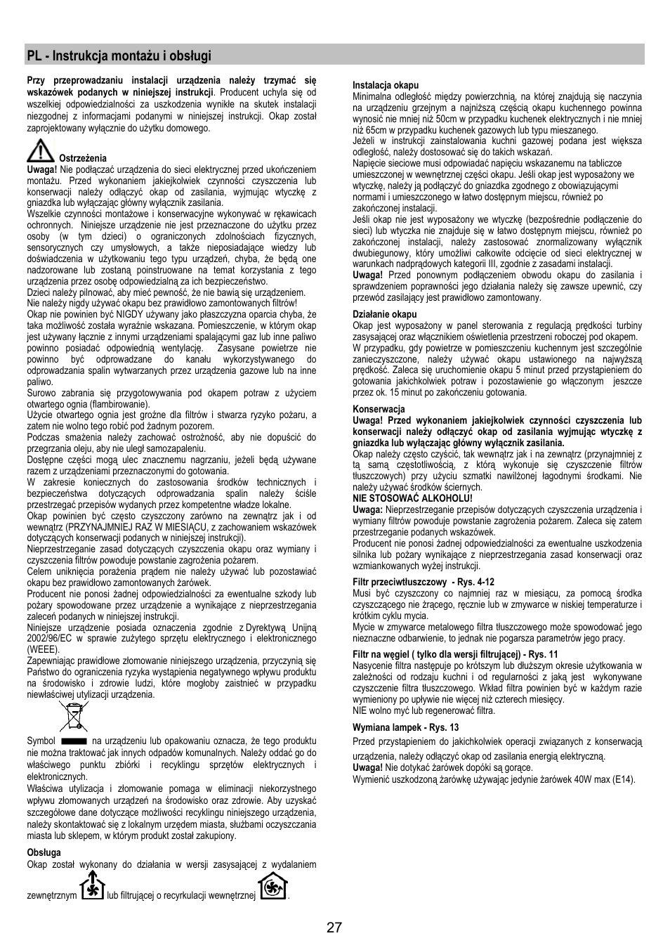 Pl - instrukcja montażu i obsługi | Electrolux EFP6440X User Manual | Page 27 / 44