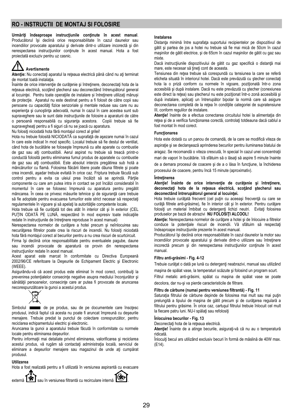 Ro - instructii de montaj si folosire | Electrolux EFP6440X User Manual | Page 29 / 44