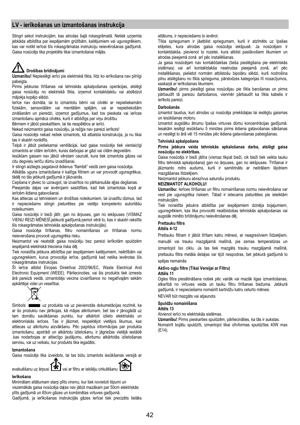 Lv - ierīkošanas un izmantošanas instrukcija | Electrolux EFP6440X User Manual | Page 42 / 44