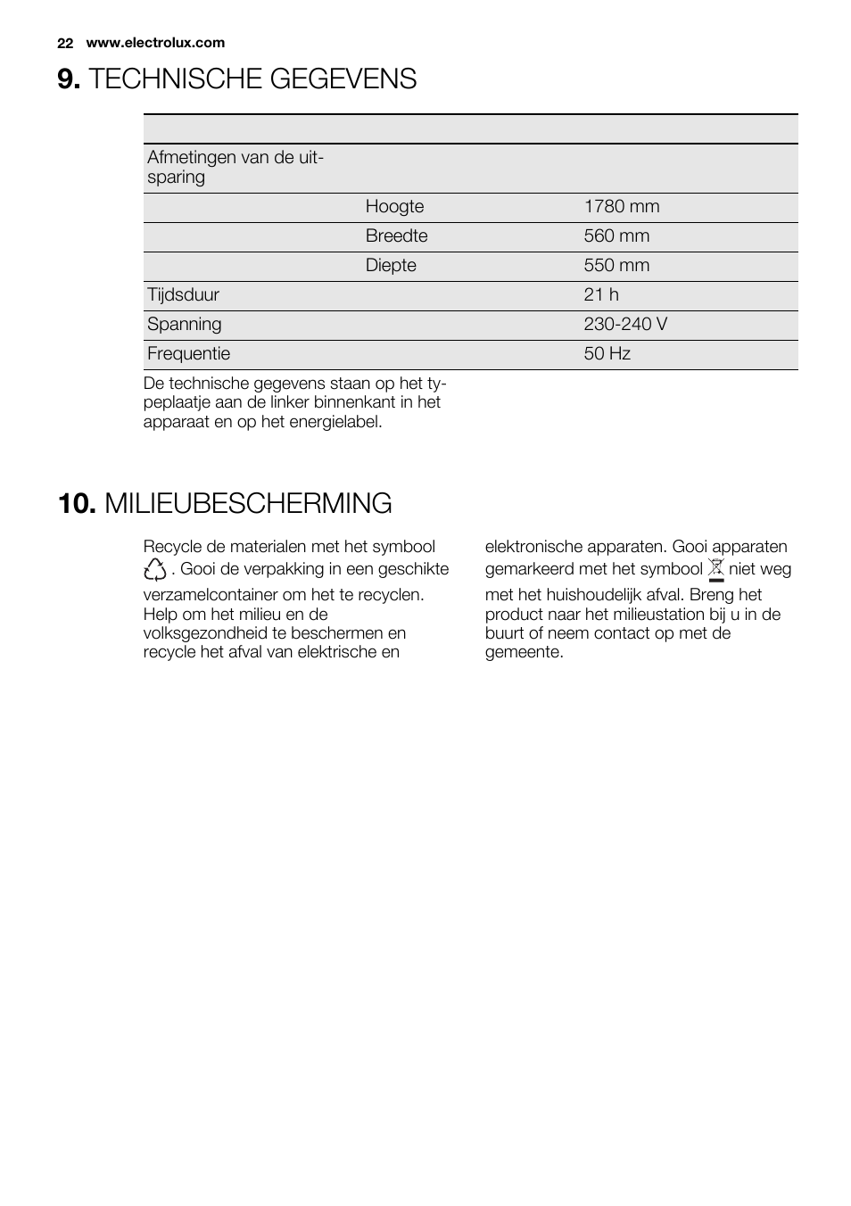 Technische gegevens, Milieubescherming | Electrolux ENN2853AOW User Manual | Page 22 / 88