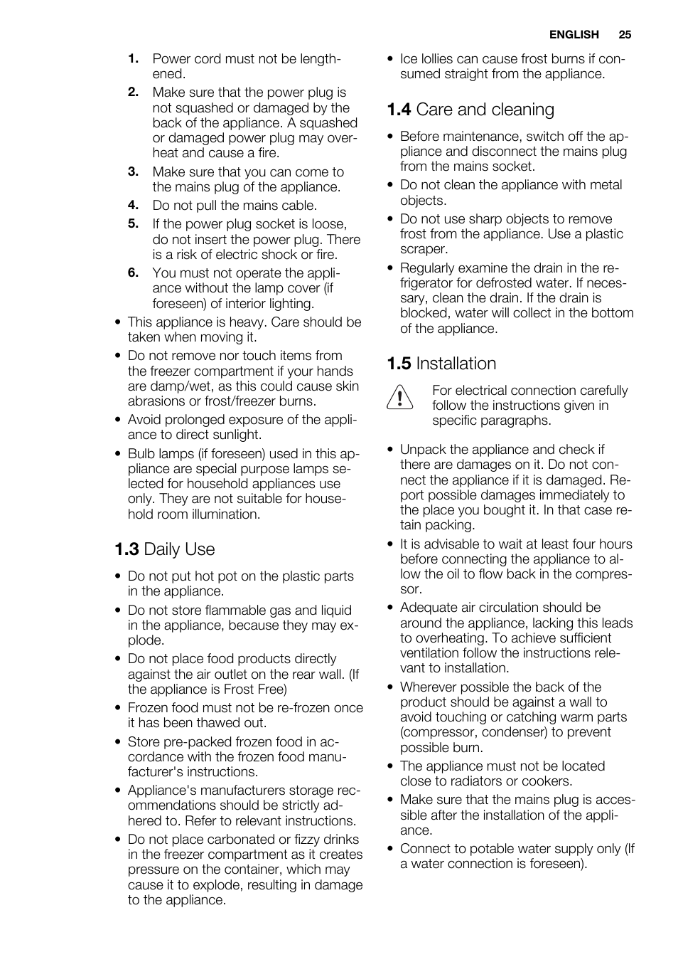 3 daily use, 4 care and cleaning, 5 installation | Electrolux ENN2853AOW User Manual | Page 25 / 88