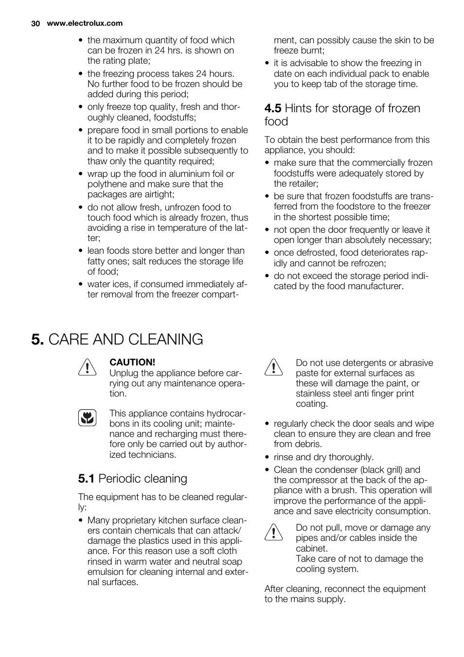 Care and cleaning, 5 hints for storage of frozen food, 1 periodic cleaning | Electrolux ENN2853AOW User Manual | Page 30 / 88