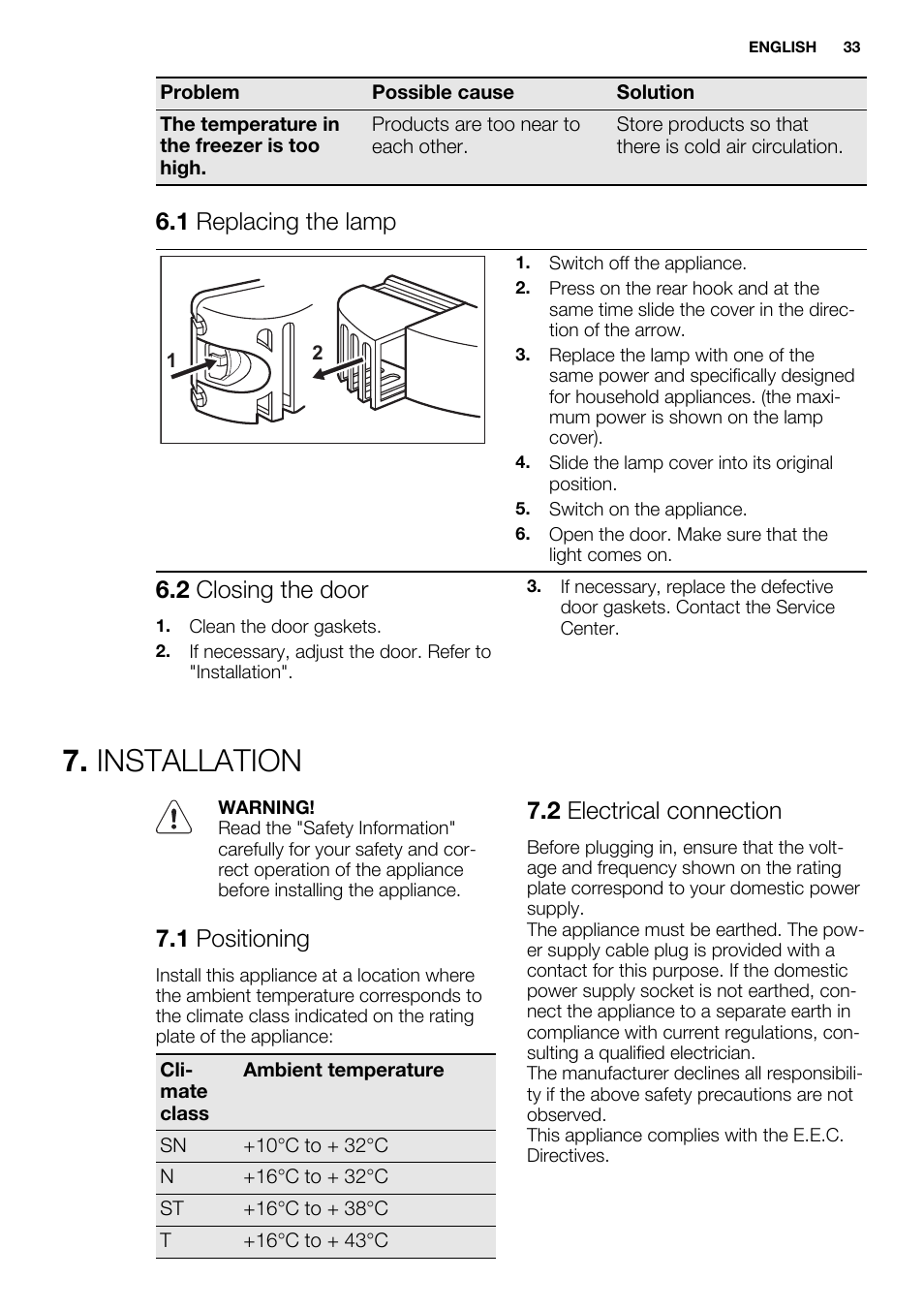 Installation, 1 replacing the lamp, 2 closing the door | 1 positioning, 2 electrical connection | Electrolux ENN2853AOW User Manual | Page 33 / 88