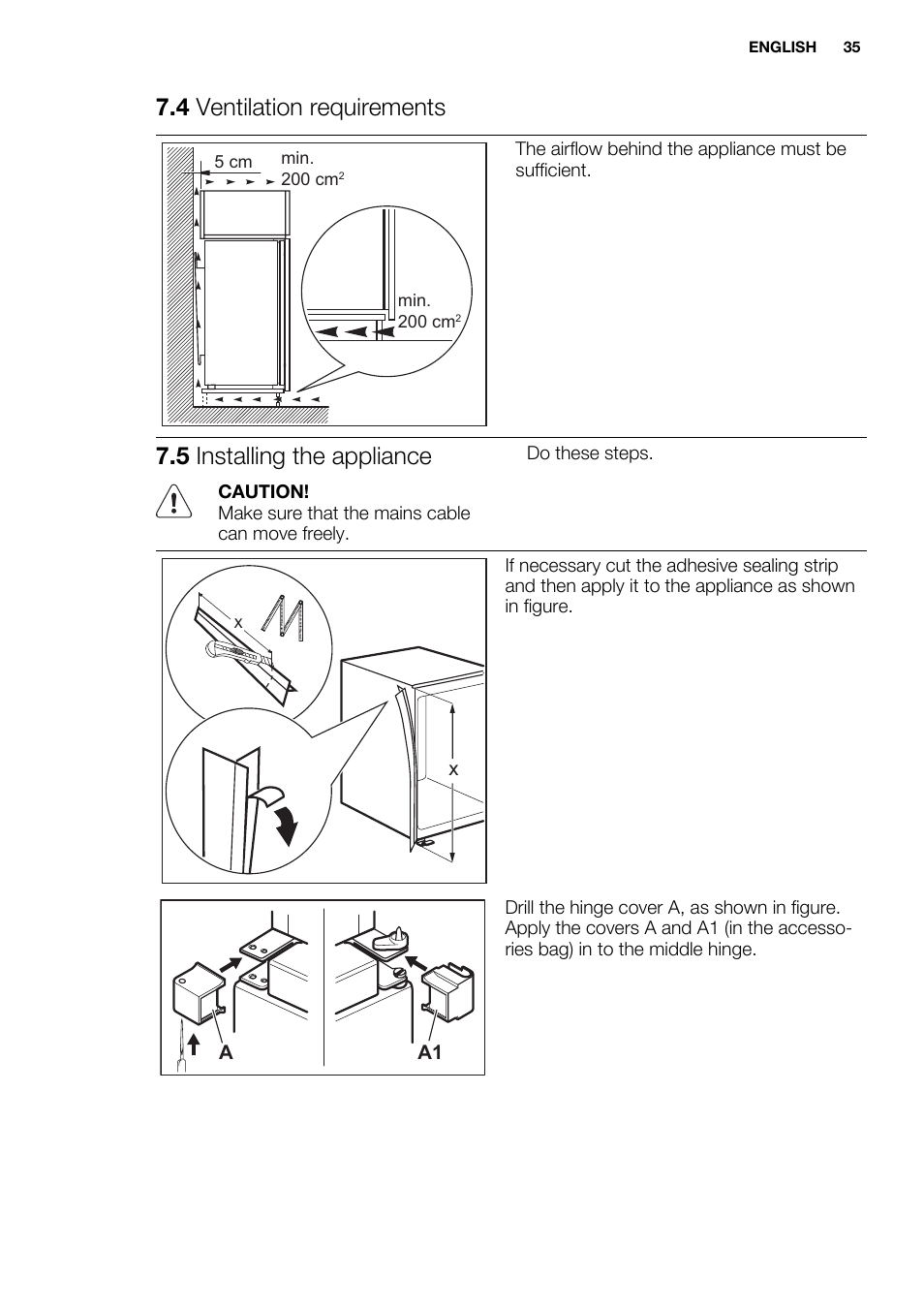 4 ventilation requirements, 5 installing the appliance | Electrolux ENN2853AOW User Manual | Page 35 / 88