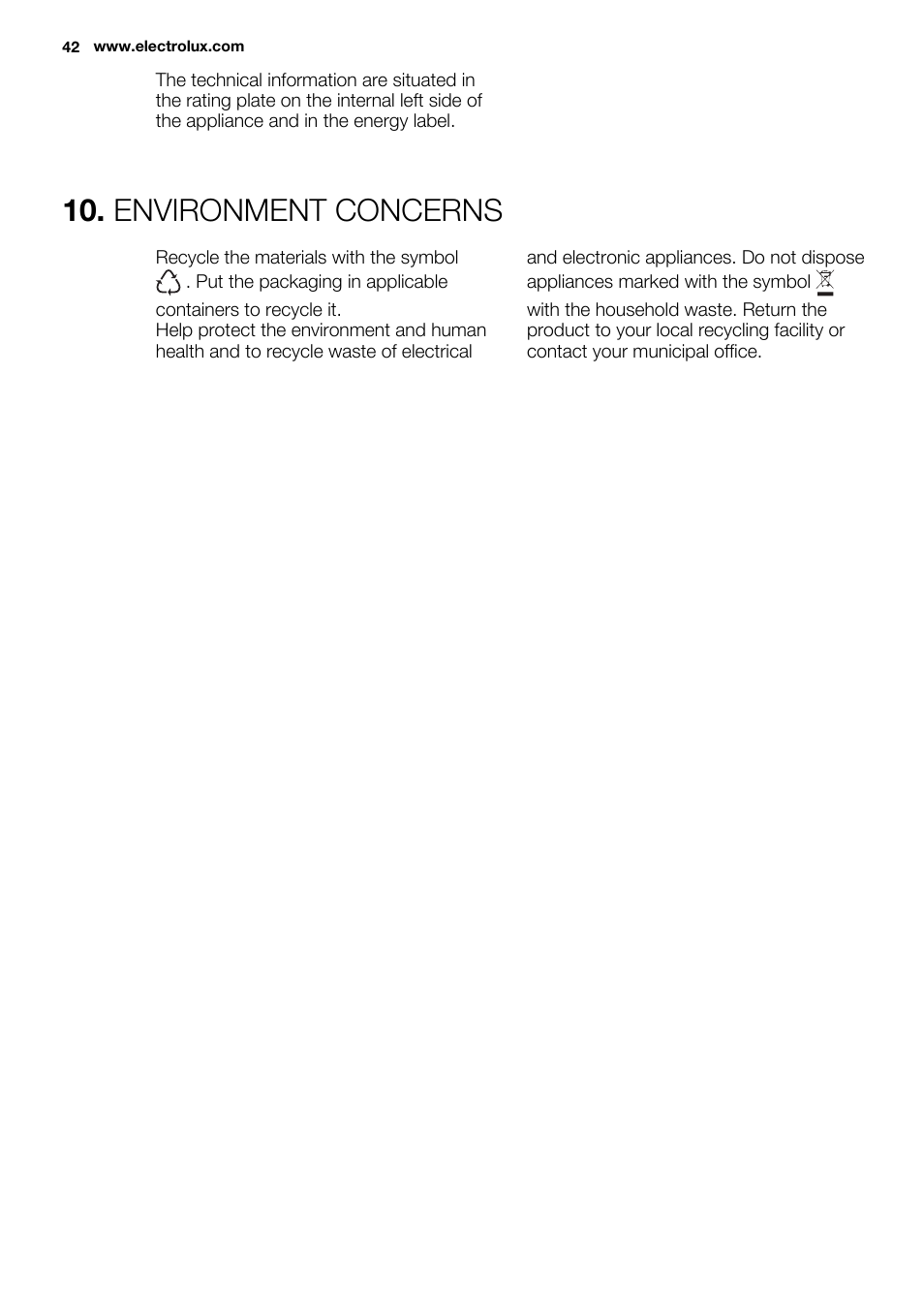 Environment concerns | Electrolux ENN2853AOW User Manual | Page 42 / 88