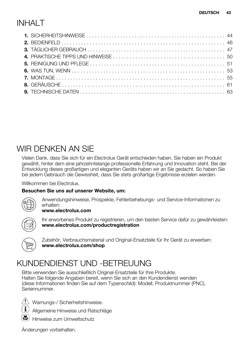 Inhalt, Wir denken an sie, Kundendienst und -betreuung | Electrolux ENN2853AOW User Manual | Page 43 / 88