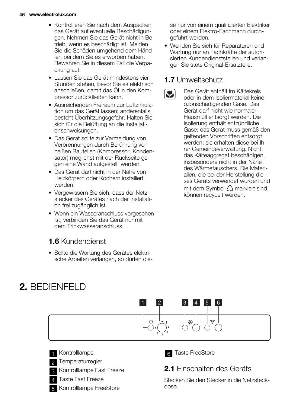 Bedienfeld, 6 kundendienst, 7 umweltschutz | 1 einschalten des geräts | Electrolux ENN2853AOW User Manual | Page 46 / 88