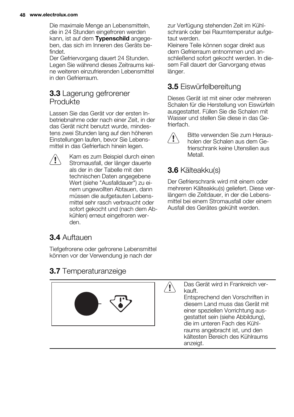 3 lagerung gefrorener produkte, 4 auftauen, 5 eiswürfelbereitung | 6 kälteakku(s), 7 temperaturanzeige | Electrolux ENN2853AOW User Manual | Page 48 / 88