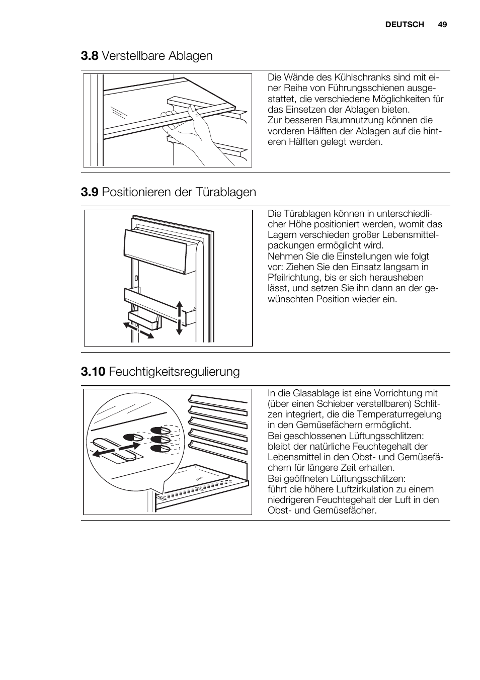 8 verstellbare ablagen, 9 positionieren der türablagen, 10 feuchtigkeitsregulierung | Electrolux ENN2853AOW User Manual | Page 49 / 88