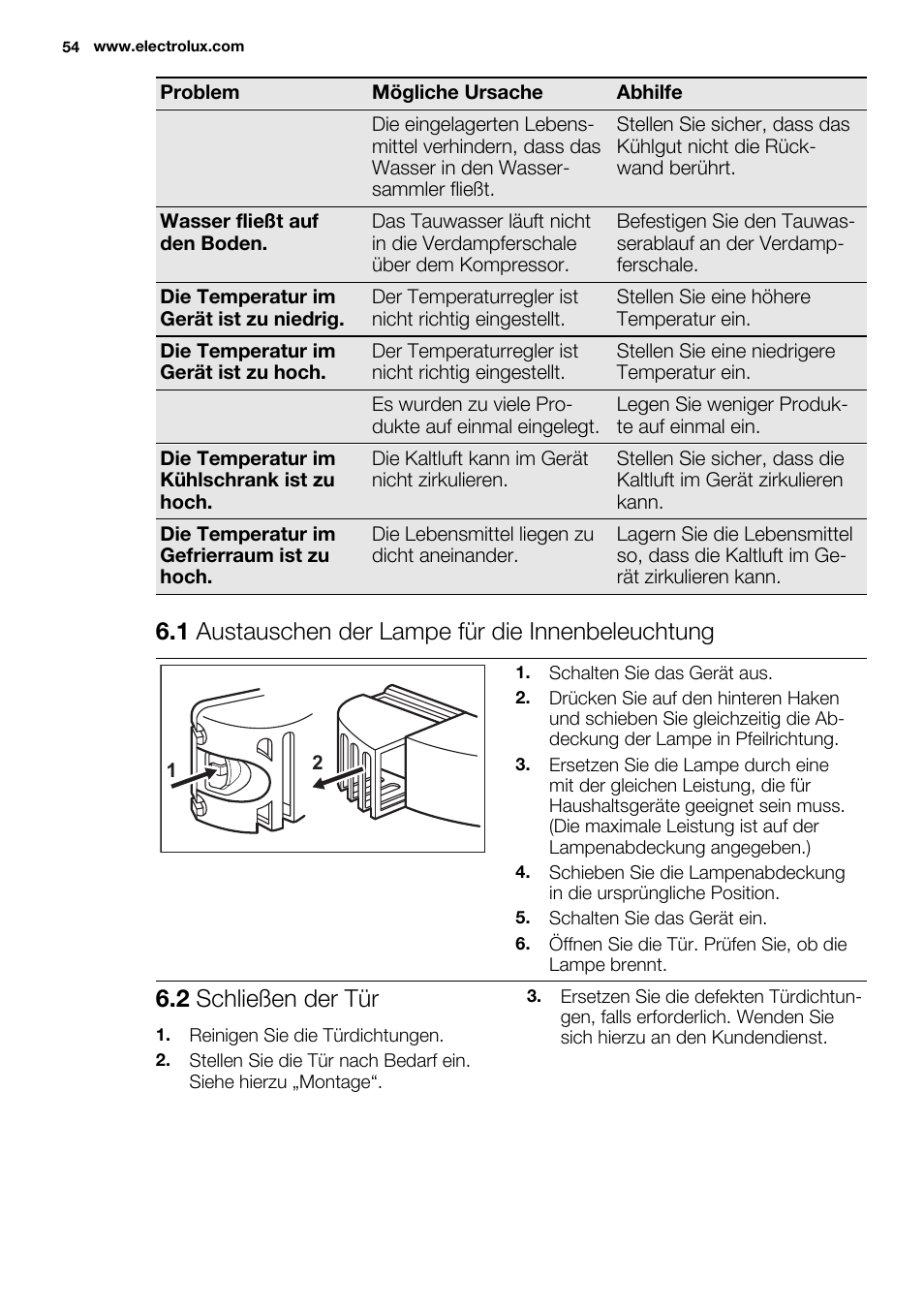 1 austauschen der lampe für die innenbeleuchtung, 2 schließen der tür | Electrolux ENN2853AOW User Manual | Page 54 / 88