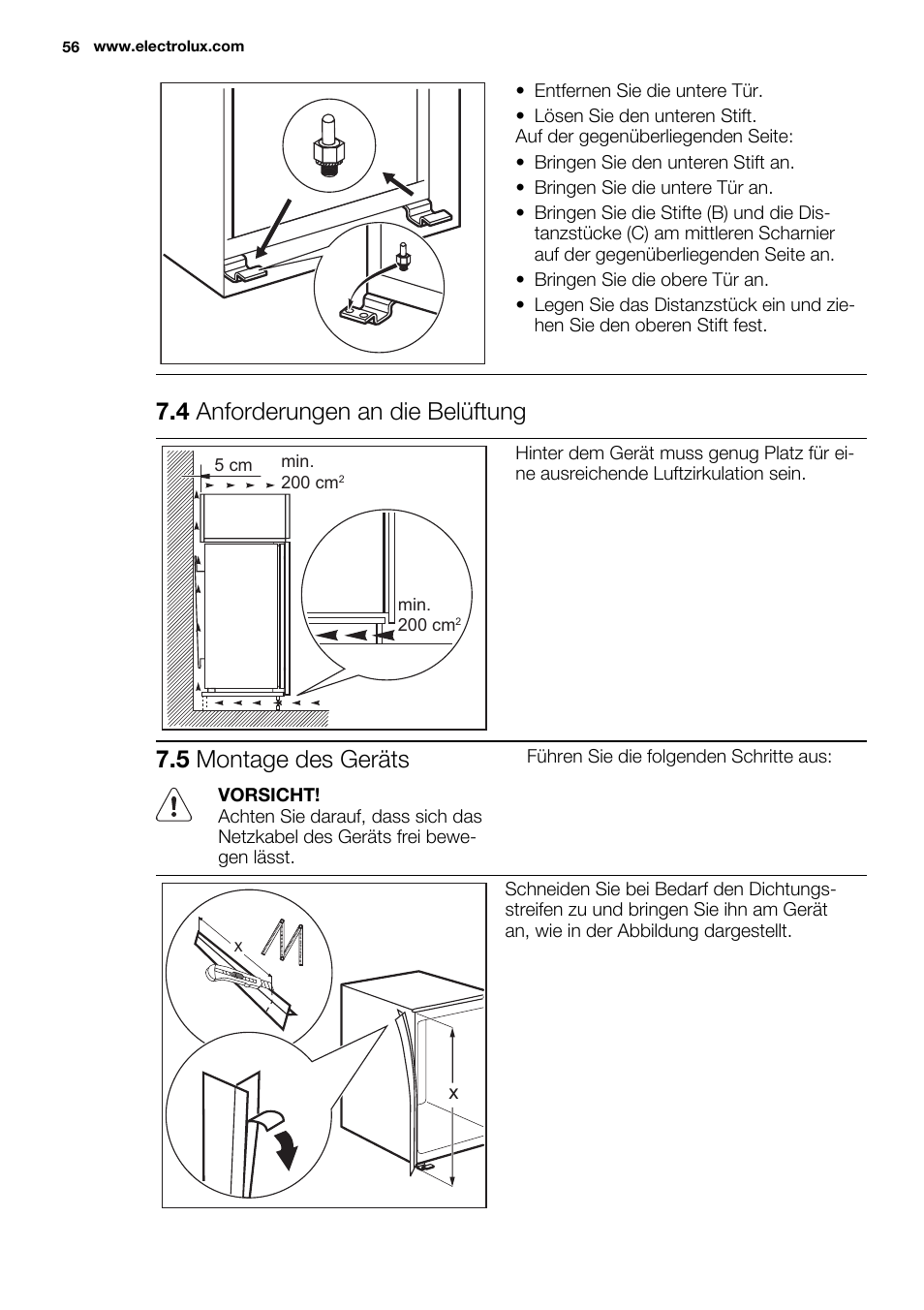 4 anforderungen an die belüftung, 5 montage des geräts | Electrolux ENN2853AOW User Manual | Page 56 / 88