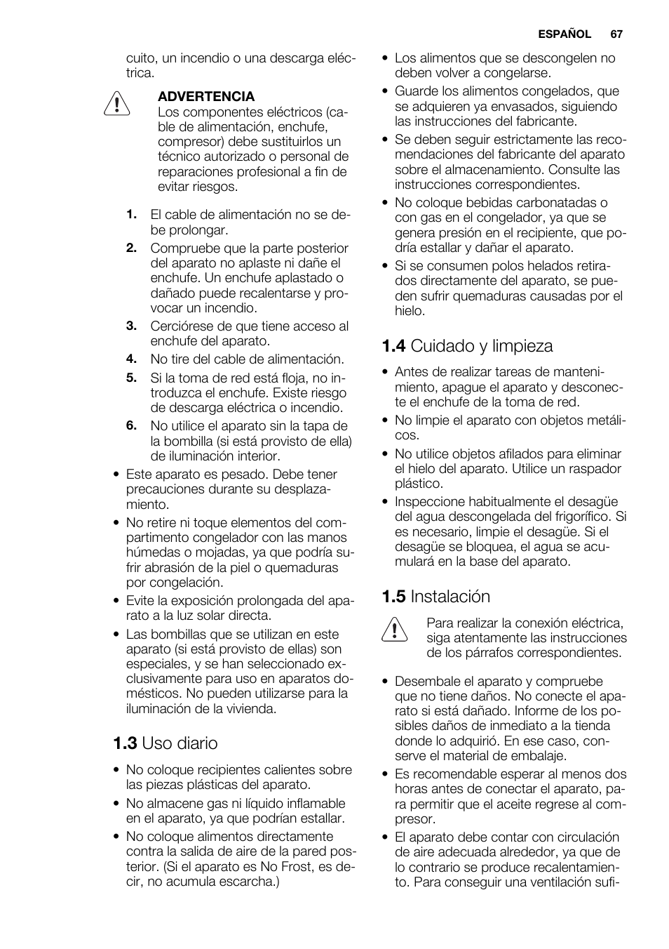 3 uso diario, 4 cuidado y limpieza, 5 instalación | Electrolux ENN2853AOW User Manual | Page 67 / 88