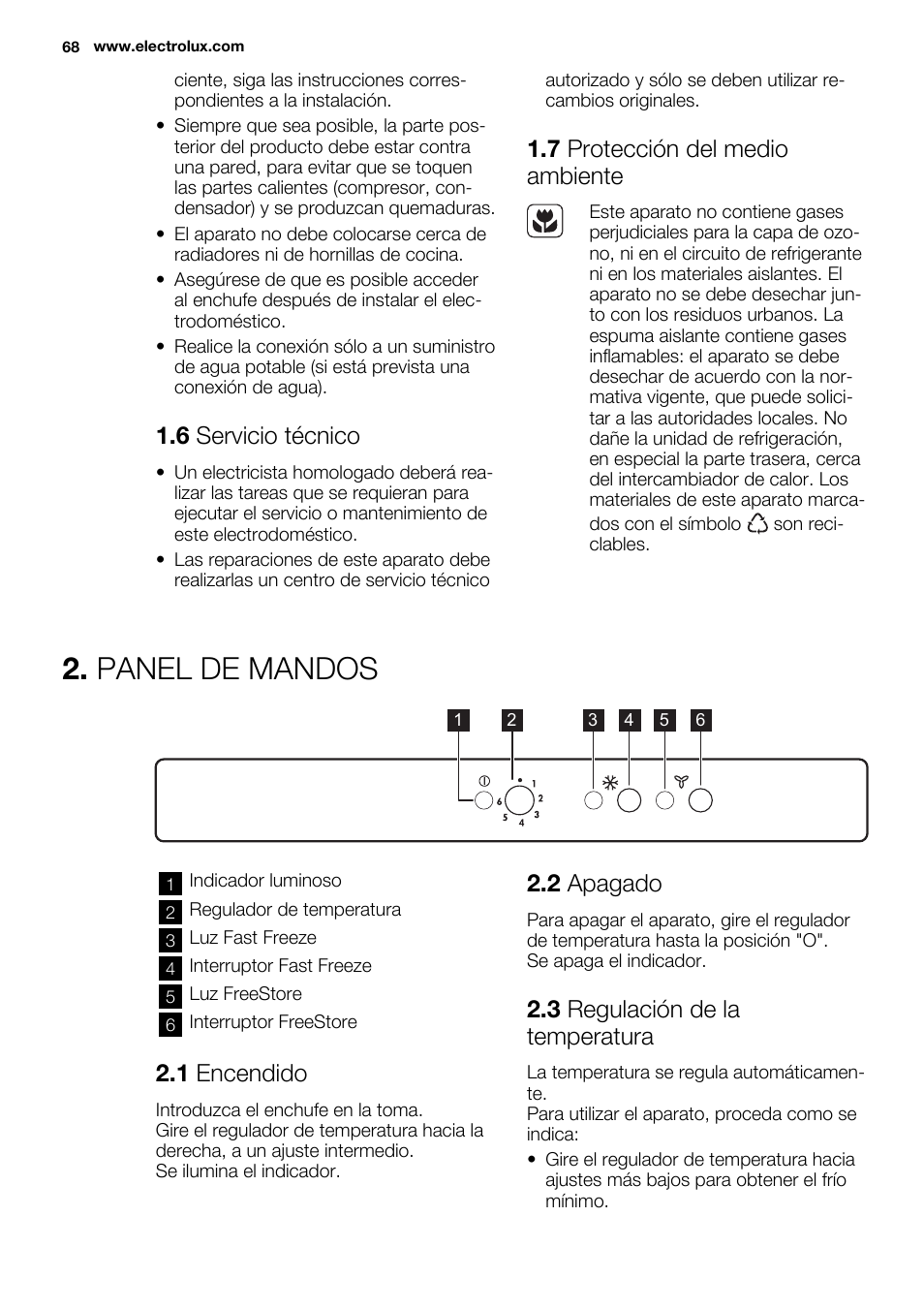 Panel de mandos, 6 servicio técnico, 7 protección del medio ambiente | 1 encendido, 2 apagado, 3 regulación de la temperatura | Electrolux ENN2853AOW User Manual | Page 68 / 88