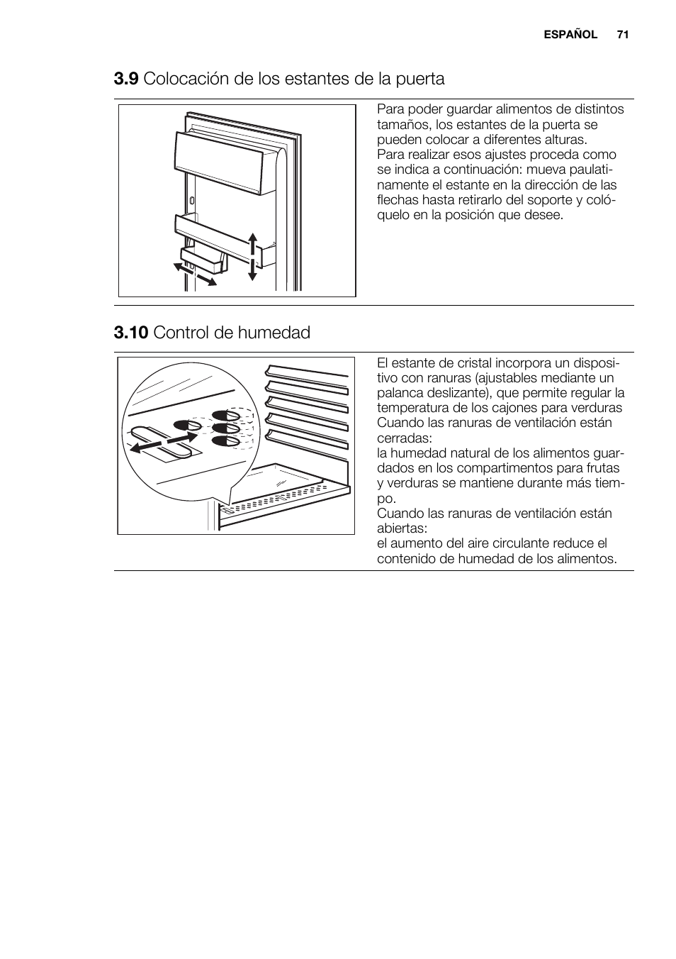 9 colocación de los estantes de la puerta, 10 control de humedad | Electrolux ENN2853AOW User Manual | Page 71 / 88