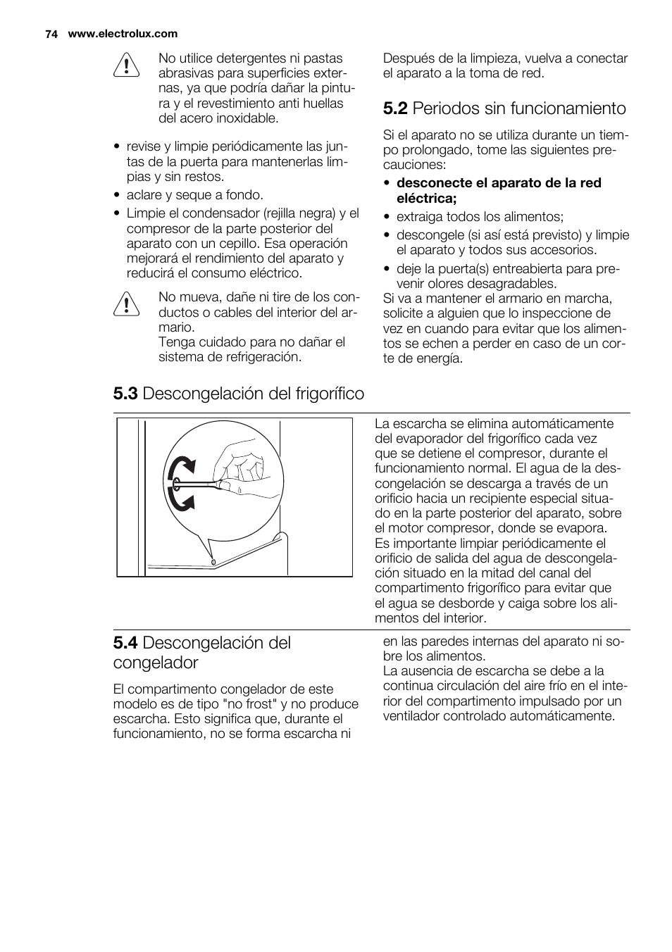2 periodos sin funcionamiento, 3 descongelación del frigorífico, 4 descongelación del congelador | Electrolux ENN2853AOW User Manual | Page 74 / 88
