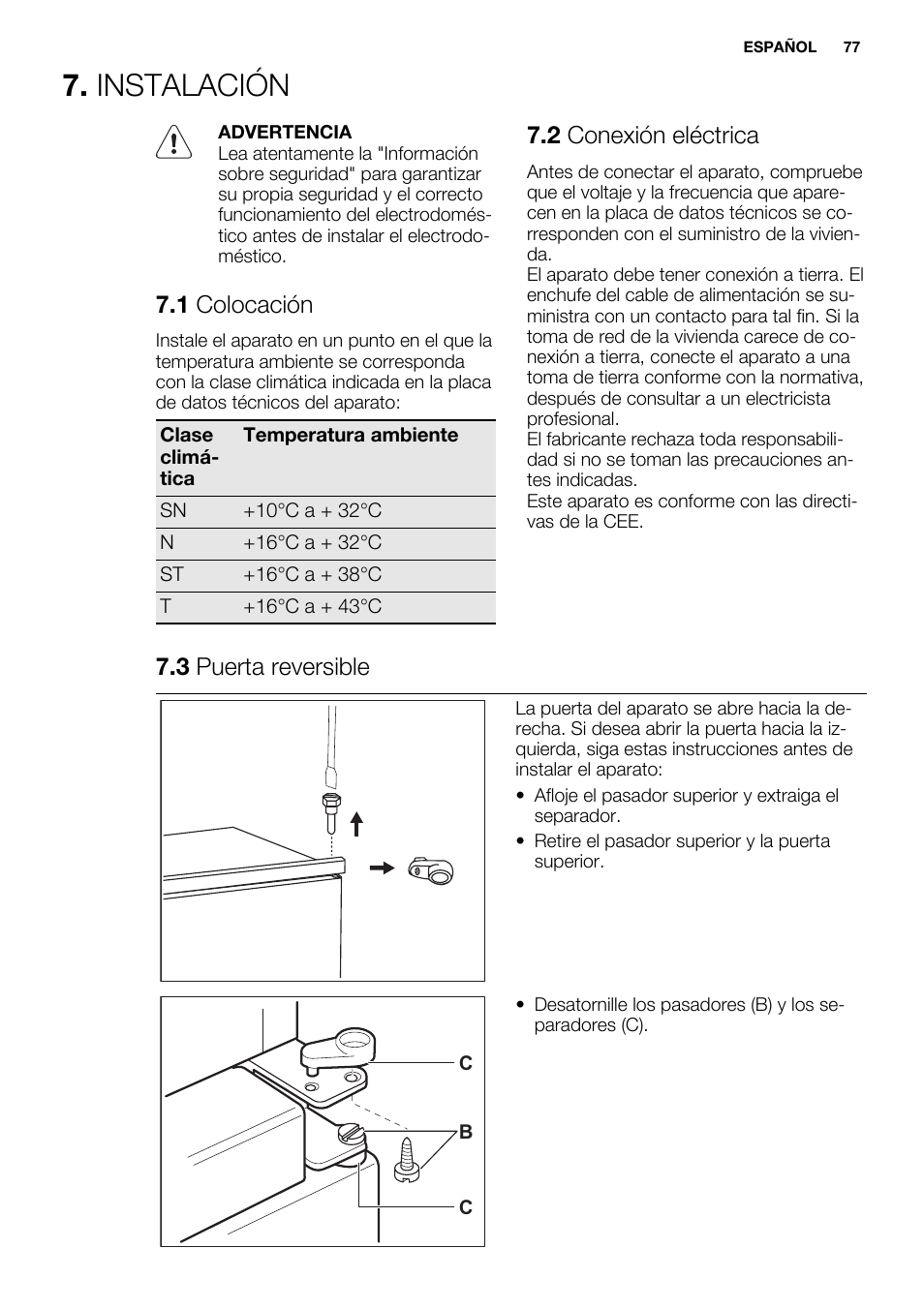 Instalación, 1 colocación, 2 conexión eléctrica | 3 puerta reversible | Electrolux ENN2853AOW User Manual | Page 77 / 88