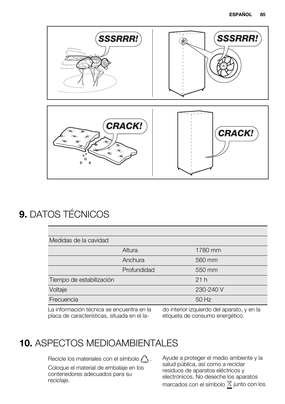 Datos técnicos, Aspectos medioambientales, Sssrrr | Crack | Electrolux ENN2853AOW User Manual | Page 85 / 88