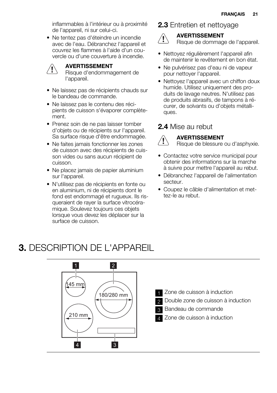 Description de l'appareil, 3 entretien et nettoyage, 4 mise au rebut | Electrolux EHH6332FOK User Manual | Page 21 / 68