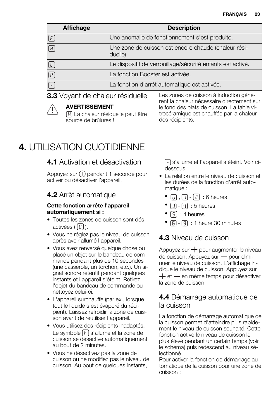 Utilisation quotidienne, 3 voyant de chaleur résiduelle, 1 activation et désactivation | 2 arrêt automatique, 3 niveau de cuisson, 4 démarrage automatique de la cuisson | Electrolux EHH6332FOK User Manual | Page 23 / 68